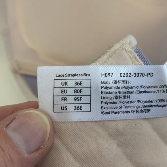 DELIMIRA Women's Tan Lace Strapless Push-Up Bra for Large Bust Size 36E - Picture 6 of 7